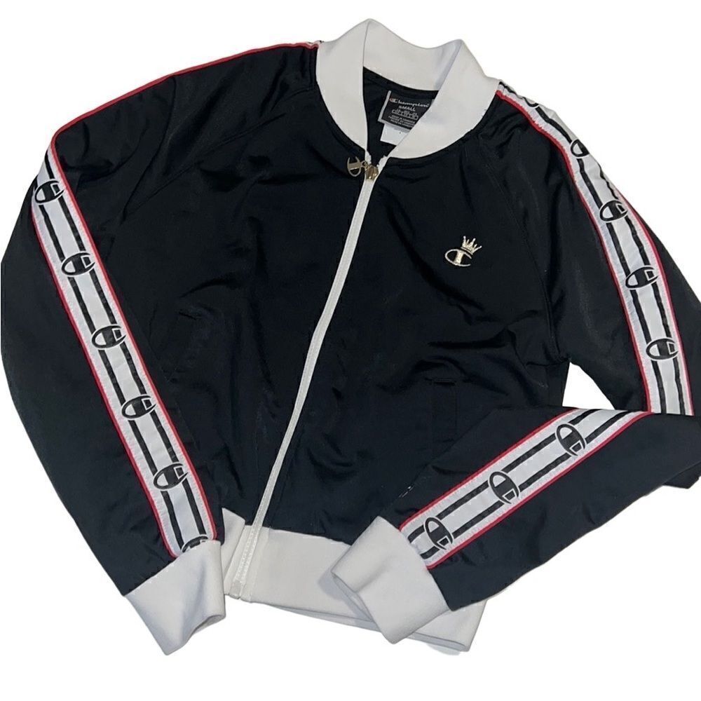 Champion Black Logo Embroidered Full Zip Crown Track Jacket Size Small